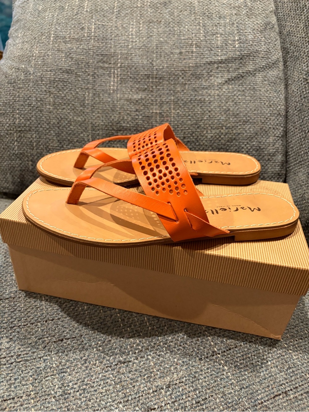 Marcella Orange Perforated Leather Thong Sandals